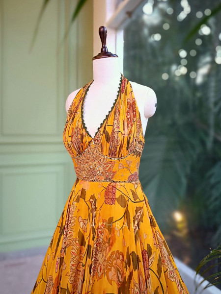 Marigold Bloom Floral Halter Neck Anarkali with Dupatta