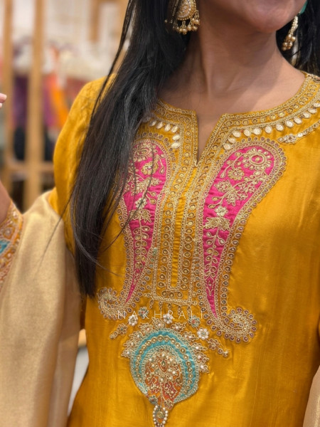 Resham Rang Mustard Silk Blend Farshi Suit Set With Zari, Zardozi & Resham Embroidery