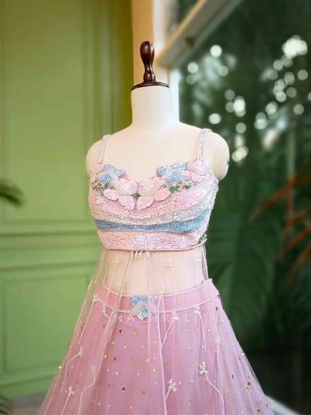 Enchanted Bloom Pink Net Lehenga with Sequin & Floral Embroidery
