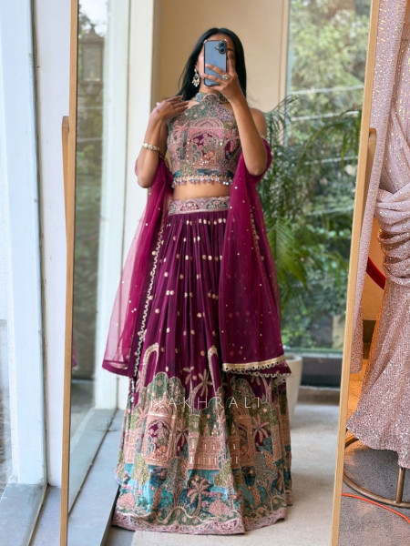 Jharokha Tales Wine Lehenga with Pichwai-Inspired Embroidery