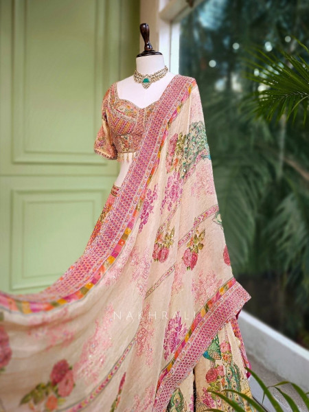 Sanika Beige Silk Printed Lehenga with Mirror Work