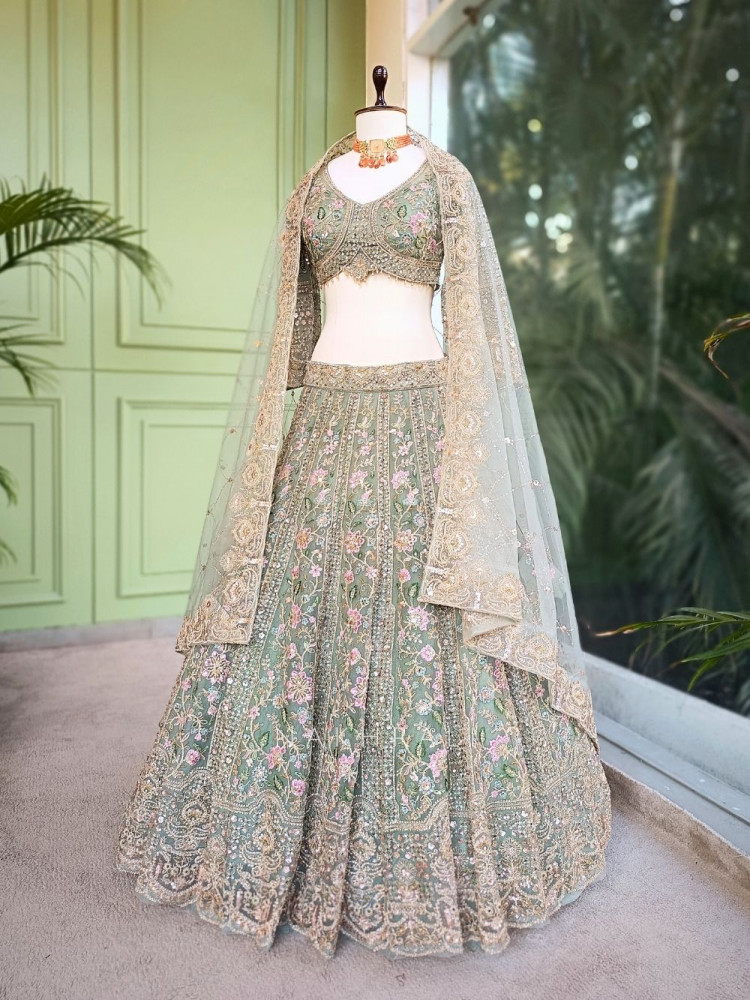 Image of Sylvara Green Embroidered Lehenga Set