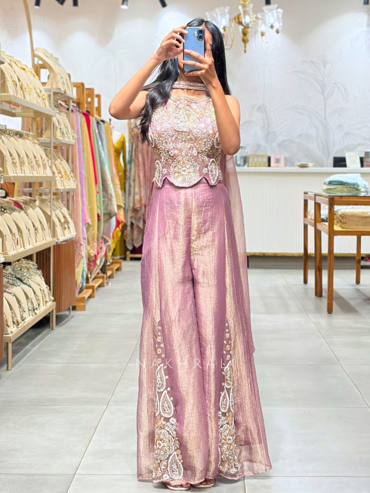 Image of Cressida Pink Tissue-Silk &amp; Organza Indo-Western Palazzo Set
