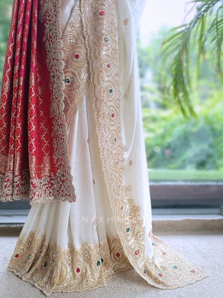 Celestial White Satin Silk Saree With Red Embroidered Dupatta