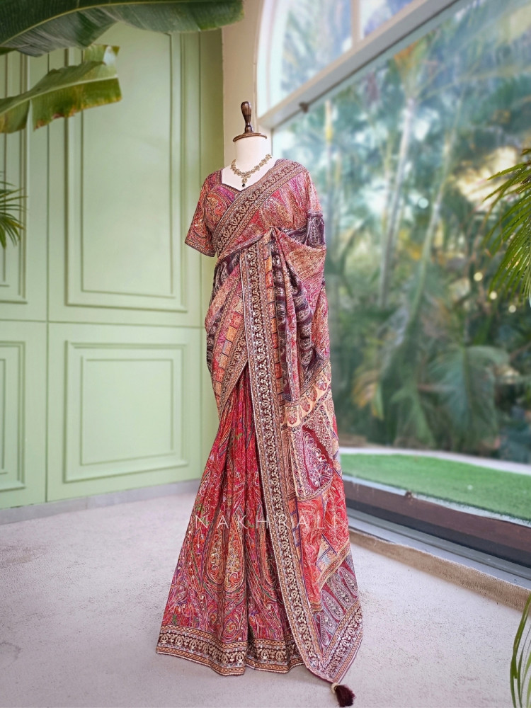 Image of Ranjak Red Printed Saree with Readymade Blouse and Gota Embroidery