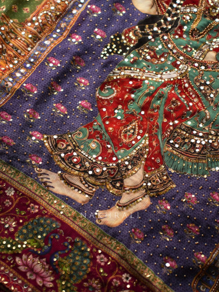 Nrityagopi Multicolor Modal Satin Silk Pichwai Printed Saree with Mirror & Zari Work