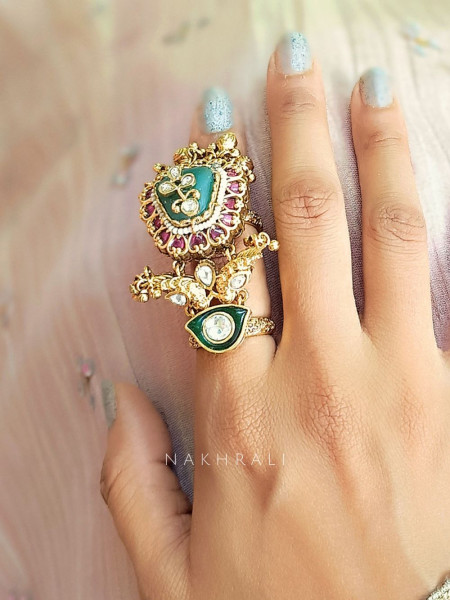 Meherbano Dual Motif Kundan Ring with Green Enamel