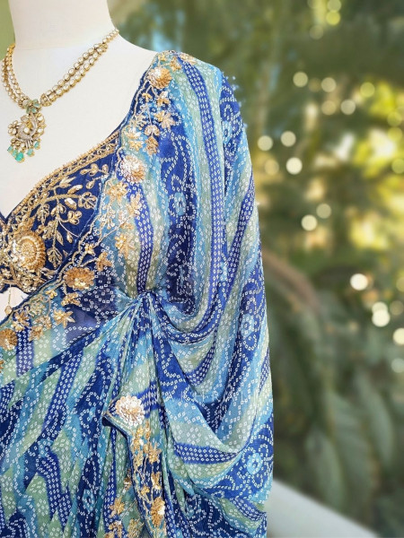 Riva Blue Printed Saree with Embroidered Readymade Blouse