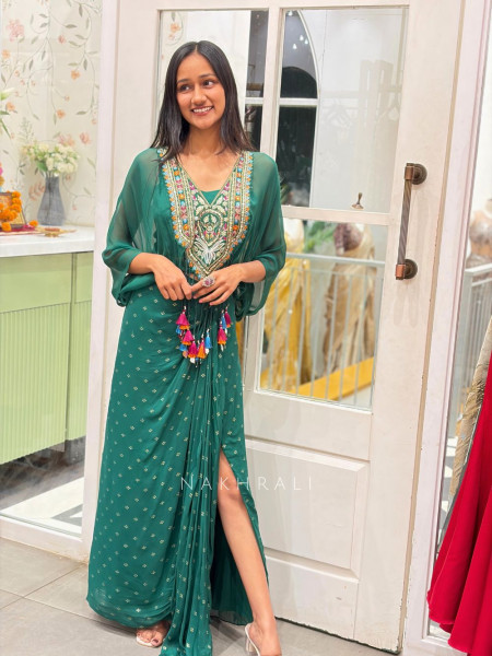 Boho Green Chinon Drape Skirt Set with Embroidered Tassel Yoke