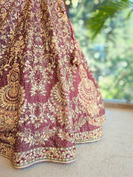 Evara Wine Bridal Lehenga with Gota Patti and Bead Work