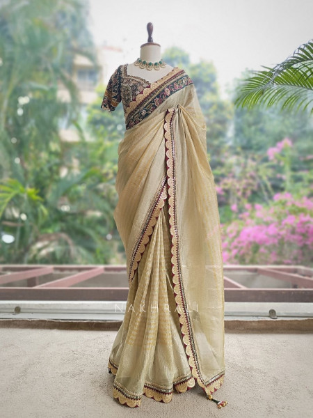 Navpallav Bottle Green Tissue Saree with Sequin Bead Embroidery