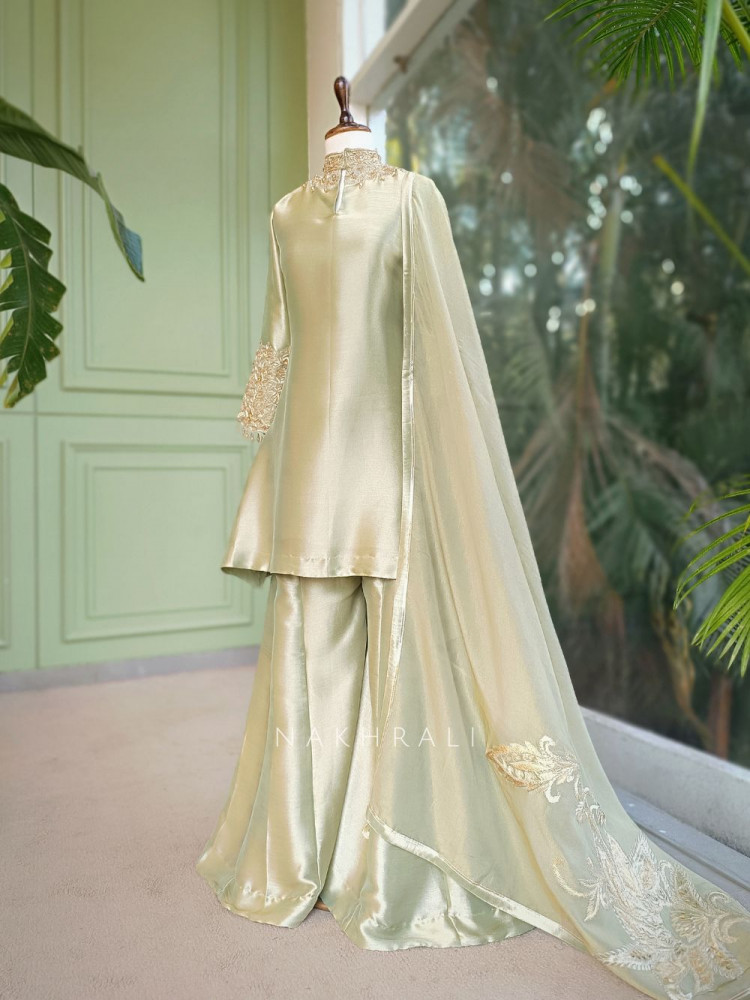 Image of Roselle Pista Green Zari &amp; Sequin Kurta Palazzo Set