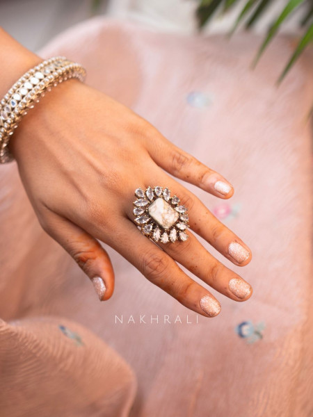 Zeenat White Stone-Studded Adjustable Ring