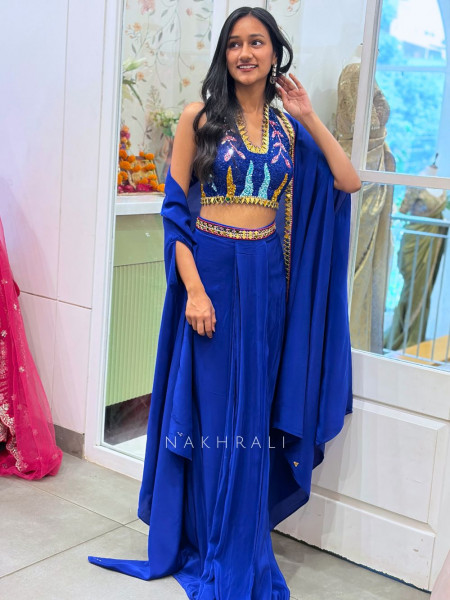 Willow Blue Halter Indo-Western Set with Cape Shrug