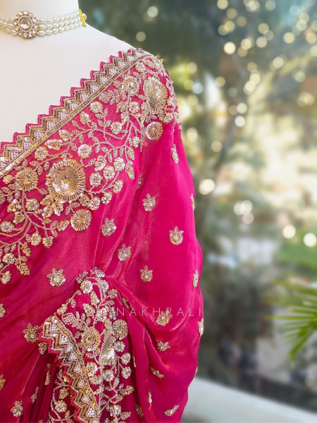 RubyLush Organza Silk Saree with Zardozi Work