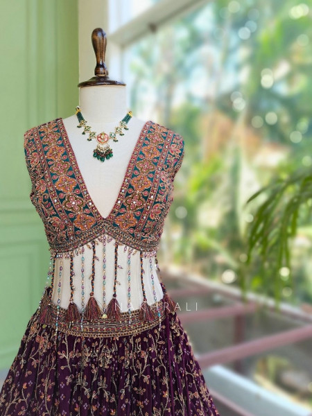 Gulaal-e-Firdaus Purple Green Lehenga Set Embroidery & Mirror Work