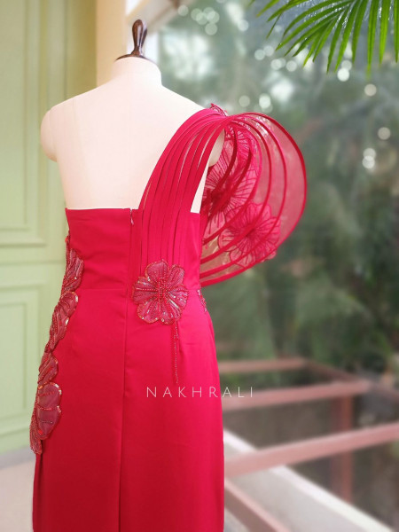 Sylrix Red Statement Gown with 3D Floral Sequin Embroidery