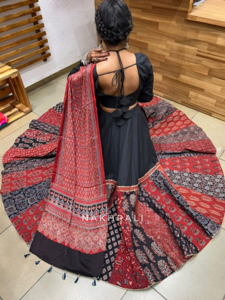 Pravika Black Pure Cotton Chaniya Choli Ajrakh Kalamkari Patchwork & Gota Detail