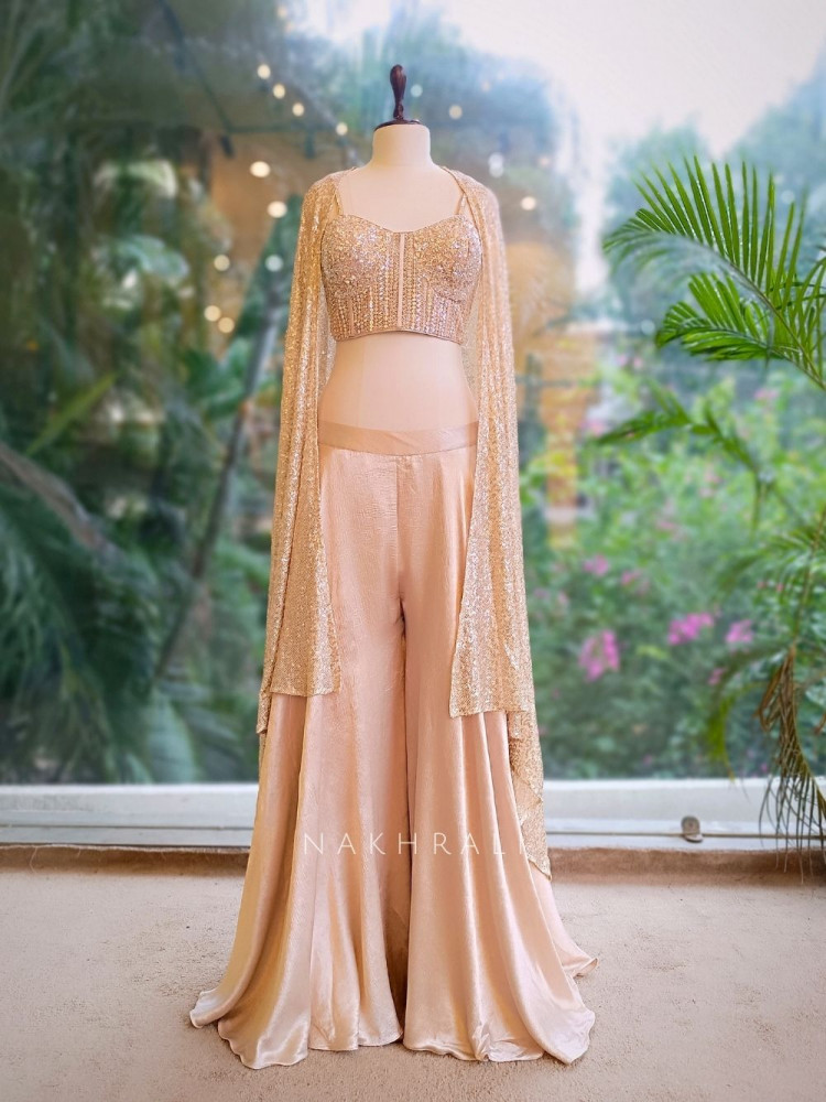 Image of Seren Beige Sequin Cape Palazzo Set