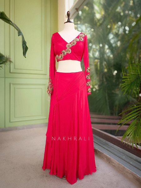 Carmine Red Indo Western Drape Skirt Set with Zari and Sequin Embellishment
