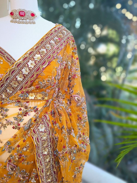 Navira Mustard Embroidered Net Saree with Sequins