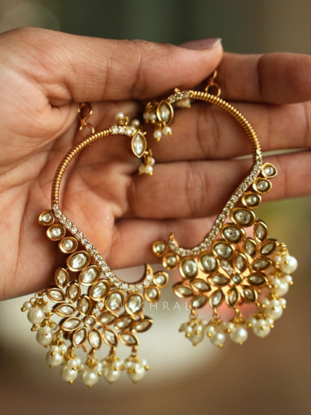 Arnika White Floral Kundan Hoop Earrings
