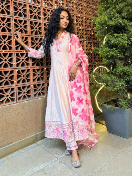 Rivaya White Anarkali Suit Set with Pink Printed Dupatta