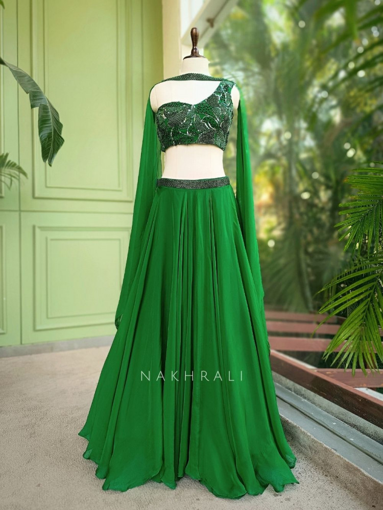 Image of Vrinda Green Indo-Western Lehenga Set with Bead and Sequin Work
