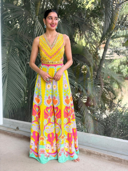 Elina Yellow Embellished Indo-Western Jumpsuit