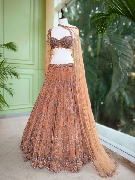 Amber Glow Net Bridal Indo-Western Lehenga with Sequin Embroidery