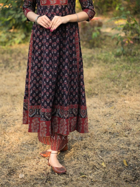 Noori Black Cotton Flared Kurta