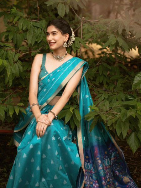 Mayur Blue Chanderi Saree with Floral Ikat Print
