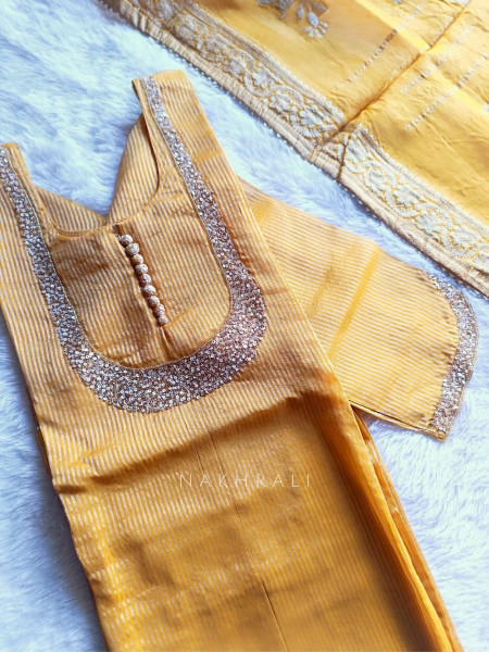 Noorline Glow Yellow Semi-stitched Dress Material with Sequin and Cut Dana Work