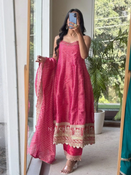Utsavi Magenta Anarkali Suit Set With Bandhani, Gota Patti & Scalloped Zari Work