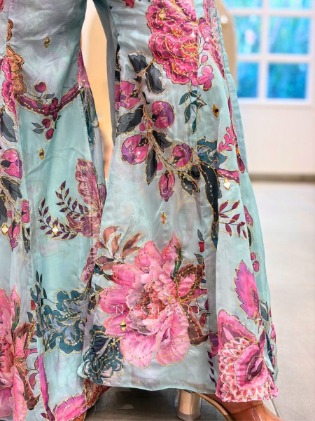 Mihira Blue Floral Gharara Suit Set with Zari Work