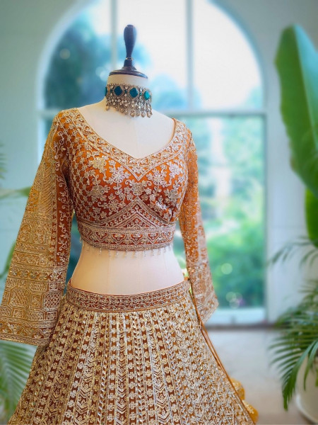 Golden Flare Orange Lehenga with Thread and Sequin Work