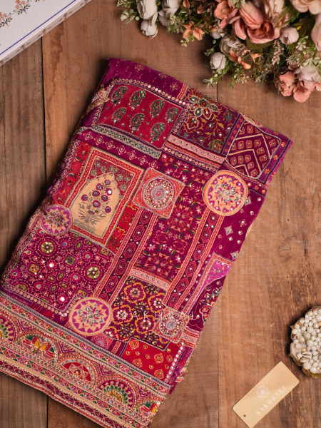 Guzel Wine Gajji Silk Saree with Mosaic Print