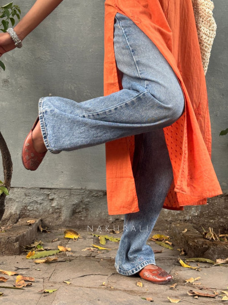 Sunbreeze Orange Cotton Chikankari Sleeveless Kurti with Embroidery