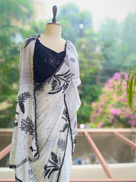 Midnight Marble Black & White Premium Chiffon Georgette Blend Saree With Readymade Blouse