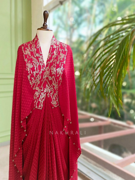 Wrinkle Red Viscose Georgette Crepe Gown