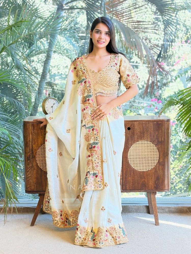 Image of Elara Cream Embroidered Saree with Readymade Blouse