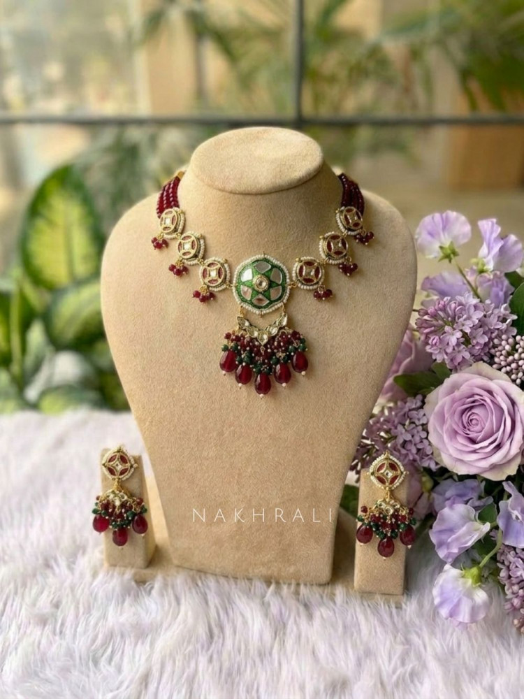 Image of Rajshree Maroon Assorted Colour Necklace Set with Mirror &amp; Bead Drop Work