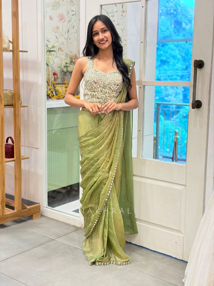 Image of Karishma Pista Green Mirror Work Drape Saree