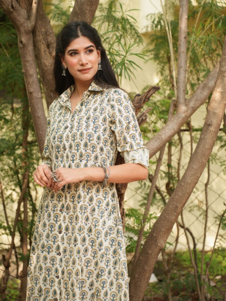 Rihana Cream Cotton Block Printed Button-Down Dress