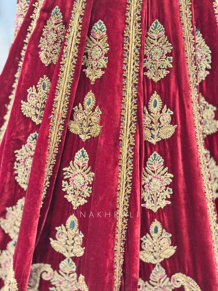 Zohra Luxe Maroon Velvet Bridal Lehenga with Mirror, Sequin, and Cut Dana Work