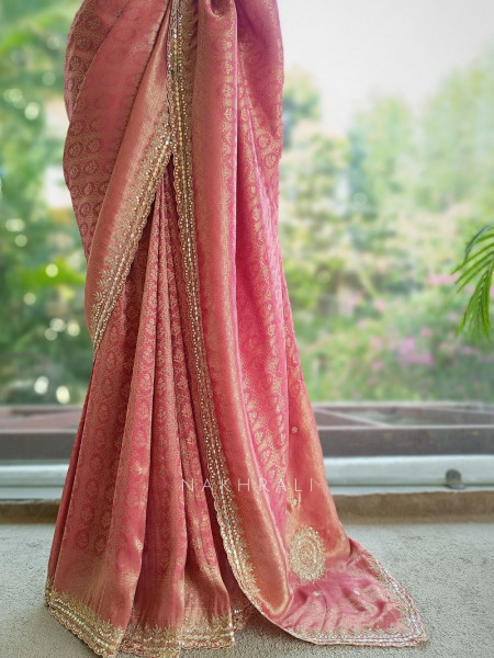 Chitranga Onion Pink Banarasi Brocade Saree with Embellished Border