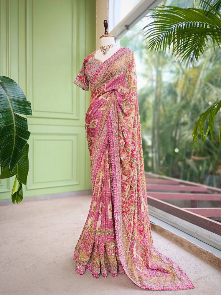 Image of Prisha Pink Printed Saree with Sequin Work