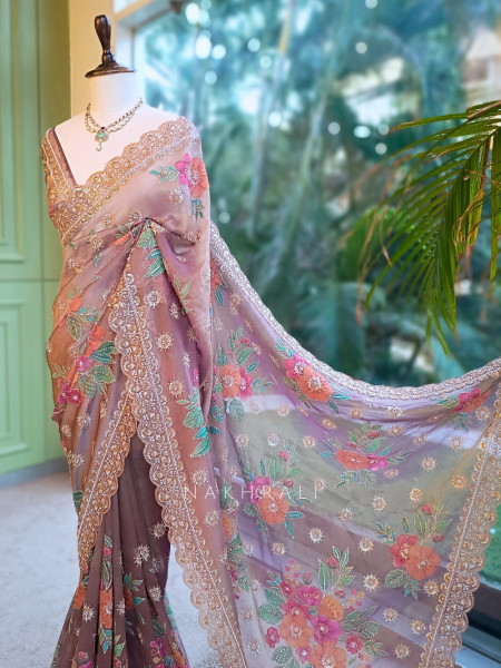 Noor-e-Bahar Wine Silk Organza Saree with Multicolor Floral Resham Embroidery
