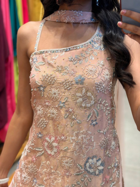 Noirvi Peach Chinon Kurta Palazzo Set with Cut Dana Sequin Work