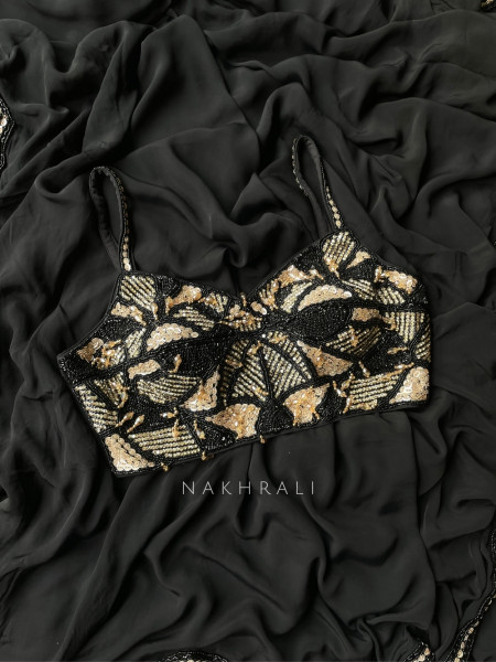 Nox-Aura Jet Black Encrusted Sequin Saree with Pearl-Trim Border